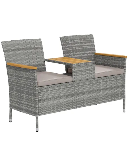 Outsunny Two-Seat Rattan Loveseat, with Wood-Top Middle Table - Grey