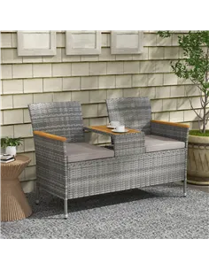 Outsunny Two-Seat Rattan Loveseat, with Wood-Top Middle Table - Grey 2