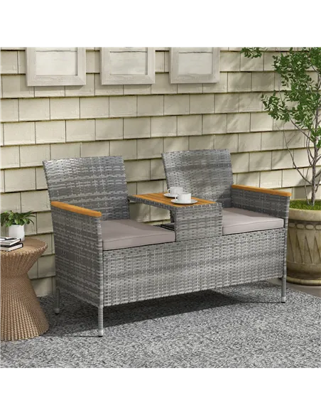 Outsunny Two-Seat Rattan Loveseat, with Wood-Top Middle Table - Grey