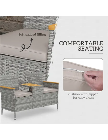 Outsunny Two-Seat Rattan Loveseat, with Wood-Top Middle Table - Grey