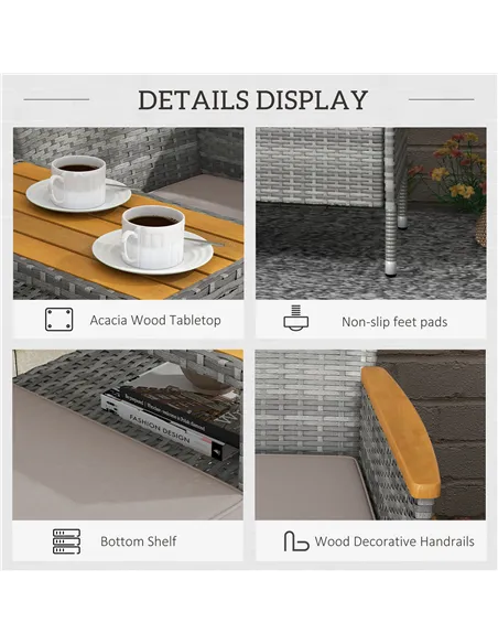 Outsunny Two-Seat Rattan Loveseat, with Wood-Top Middle Table - Grey