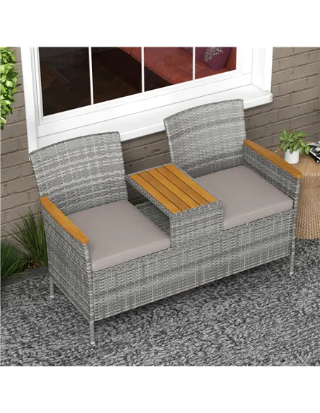 Outsunny Two-Seat Rattan Loveseat, with Wood-Top Middle Table - Grey