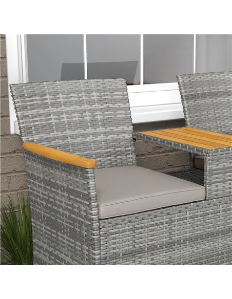 Outsunny Two-Seat Rattan Loveseat, with Wood-Top Middle Table - Grey