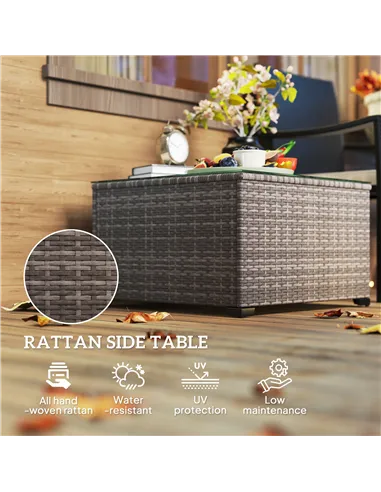 Outsunny 62 x 62cm Glass-Top Rattan Side Table - Dark Grey