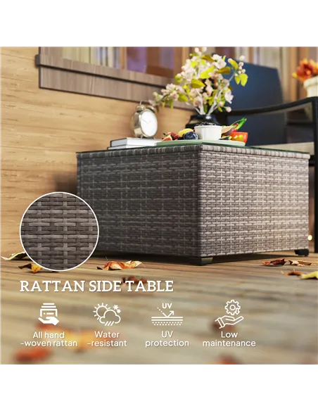 Outsunny 62 x 62cm Glass-Top Rattan Side Table - Dark Grey
