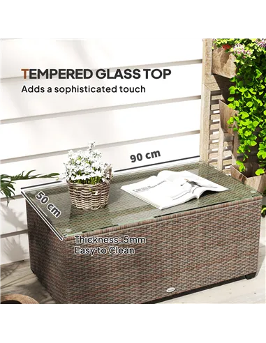 Outsunny 90 x 50cm Glass-Top Rattan Side Table - Brown