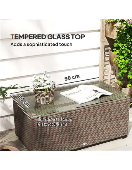 Outsunny 90 x 50cm Glass-Top Rattan Side Table - Brown