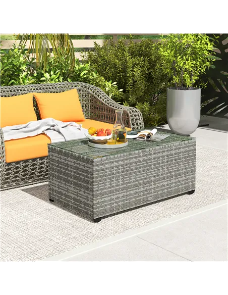 Outsunny 90 x 50cm Glass-Top Rattan Side Table - Light Grey