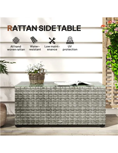 Outsunny 90 x 50cm Glass-Top Rattan Side Table - Light Grey