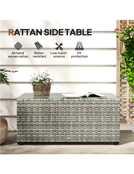 Outsunny 90 x 50cm Glass-Top Rattan Side Table - Light Grey