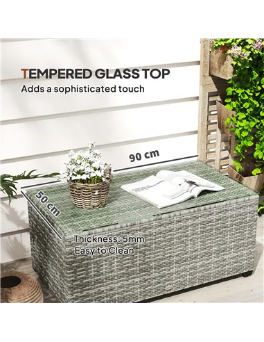 Outsunny 90 x 50cm Glass-Top Rattan Side Table - Light Grey