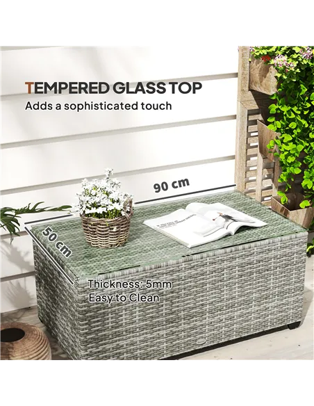 Outsunny 90 x 50cm Glass-Top Rattan Side Table - Light Grey