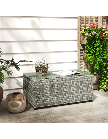 Outsunny 90 x 50cm Glass-Top Rattan Side Table - Light Grey