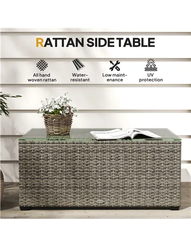 Outsunny 90 x 50cm Glass-Top Rattan Side Table - Dark Grey