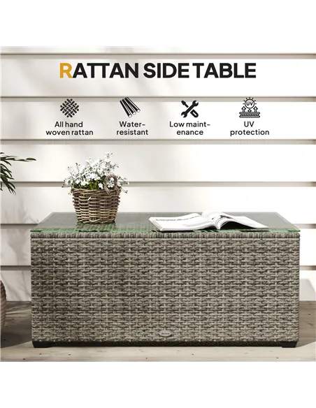 Outsunny 90 x 50cm Glass-Top Rattan Side Table - Dark Grey