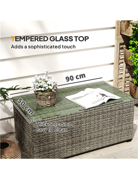 Outsunny 90 x 50cm Glass-Top Rattan Side Table - Dark Grey
