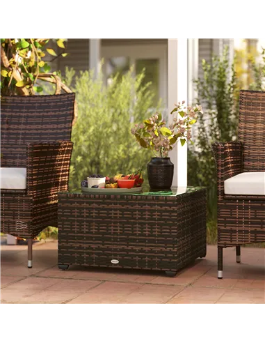 Outsunny 62 x 62cm Glass-Top Rattan Side Table - Brown