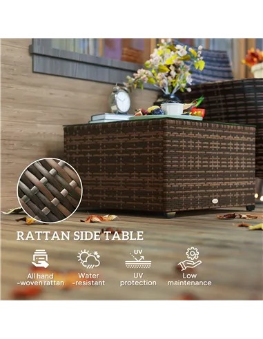Outsunny 62 x 62cm Glass-Top Rattan Side Table - Brown