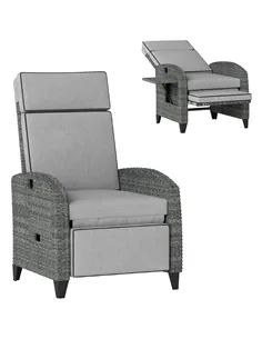Outsunny Outdoor Recliner Chair with Adjustable Backrest and Footrest, Cushion, Side Tray, Light Grey/Grey