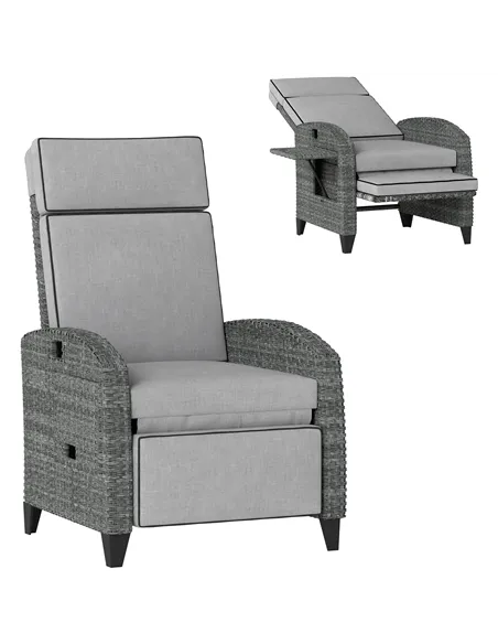 Outsunny Outdoor Recliner Chair with Adjustable Backrest and Footrest, Cushion, Side Tray, Light Grey/Grey