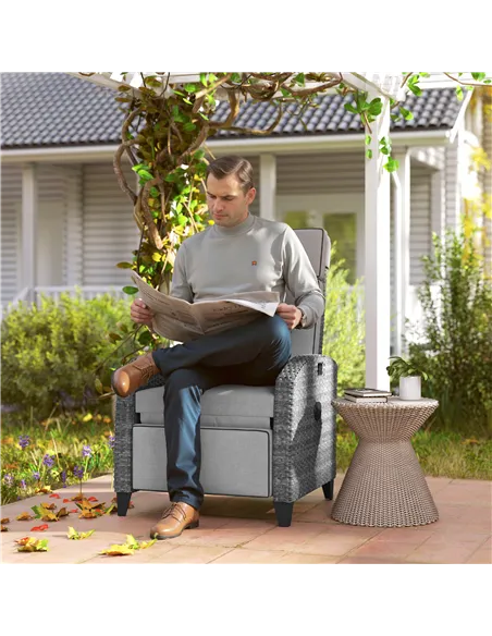 Outsunny Outdoor Recliner Chair with Adjustable Backrest and Footrest, Cushion, Side Tray, Light Grey/Grey
