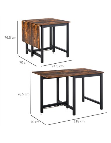 HOMCOM Folding Dining Table, Industrial Drop Leaf Table with Wheels and Metal Frame for Kitchen, Dining Room, Space Saving, Rust