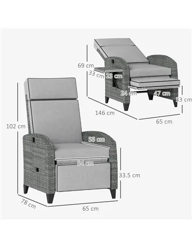 Outsunny Outdoor Recliner Chair with Adjustable Backrest and Footrest, Cushion, Side Tray, Light Grey/Grey