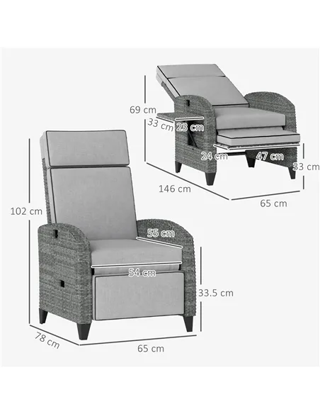 Outsunny Outdoor Recliner Chair with Adjustable Backrest and Footrest, Cushion, Side Tray, Light Grey/Grey