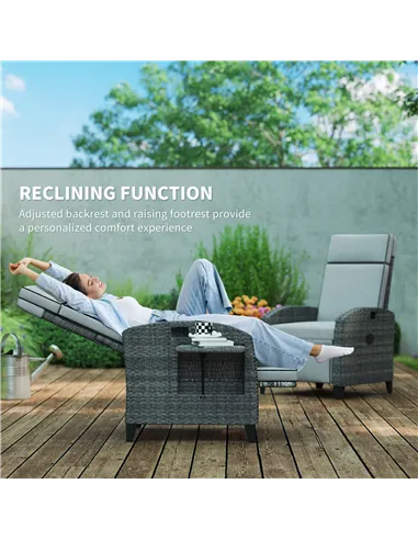 Outsunny Outdoor Recliner Chair with Adjustable Backrest and Footrest, Cushion, Side Tray, Light Grey/Grey