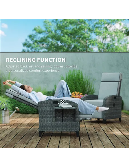 Outsunny Outdoor Recliner Chair with Adjustable Backrest and Footrest, Cushion, Side Tray, Light Grey/Grey
