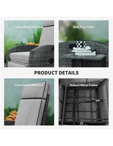 Outsunny Outdoor Recliner Chair with Adjustable Backrest and Footrest, Cushion, Side Tray, Light Grey/Grey