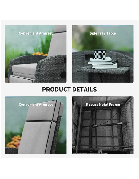 Outsunny Outdoor Recliner Chair with Adjustable Backrest and Footrest, Cushion, Side Tray, Light Grey/Grey