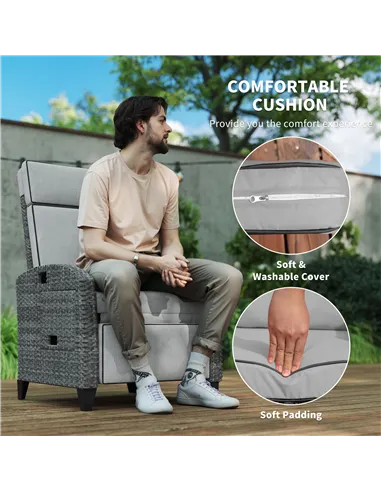Outsunny Outdoor Recliner Chair with Adjustable Backrest and Footrest, Cushion, Side Tray, Light Grey/Grey