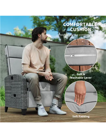 Outsunny Outdoor Recliner Chair with Adjustable Backrest and Footrest, Cushion, Side Tray, Light Grey/Grey