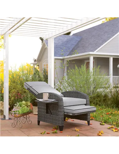 Outsunny Outdoor Recliner Chair with Adjustable Backrest and Footrest, Cushion, Side Tray, Light Grey/Grey