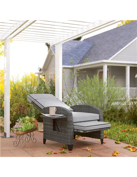 Outsunny Outdoor Recliner Chair with Adjustable Backrest and Footrest, Cushion, Side Tray, Light Grey/Grey