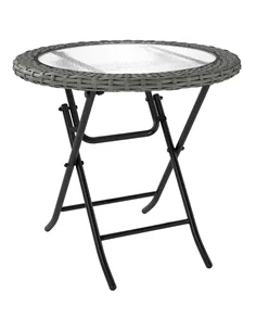Outsunny Folding Rattan Garden Dining Table, 68 cm Round Rattan Garden Table with Water Ripple Tempered Glass Top, Wicker Edging