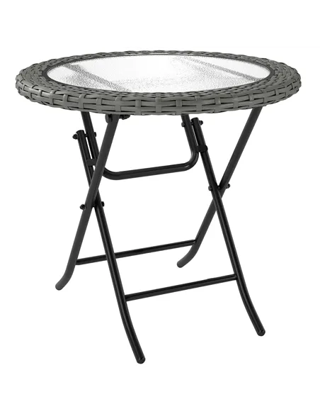 Outsunny Folding Rattan Garden Dining Table, 68 cm Round Rattan Garden Table with Water Ripple Tempered Glass Top, Wicker Edging