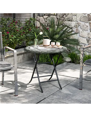 Outsunny Folding Rattan Garden Dining Table, 68 cm Round Rattan Garden Table with Water Ripple Tempered Glass Top, Wicker Edging