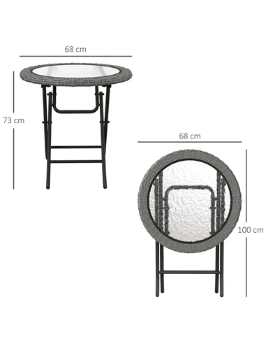 Outsunny Folding Rattan Garden Dining Table, 68 cm Round Rattan Garden Table with Water Ripple Tempered Glass Top, Wicker Edging