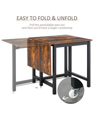 HOMCOM Folding Dining Table, Industrial Drop Leaf Table with Wheels and Metal Frame for Kitchen, Dining Room, Space Saving, Rust
