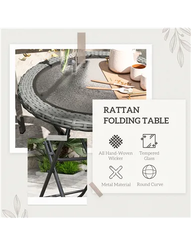 Outsunny Folding Rattan Garden Dining Table, 68 cm Round Rattan Garden Table with Water Ripple Tempered Glass Top, Wicker Edging