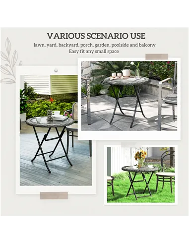 Outsunny Folding Rattan Garden Dining Table, 68 cm Round Rattan Garden Table with Water Ripple Tempered Glass Top, Wicker Edging