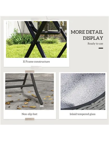 Outsunny Folding Rattan Garden Dining Table, 68 cm Round Rattan Garden Table with Water Ripple Tempered Glass Top, Wicker Edging