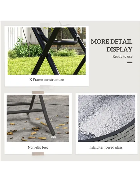 Outsunny Folding Rattan Garden Dining Table, 68 cm Round Rattan Garden Table with Water Ripple Tempered Glass Top, Wicker Edging
