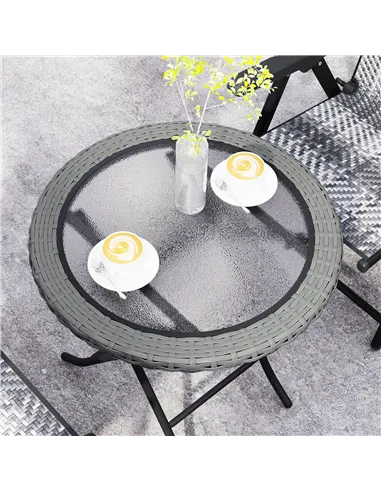 Outsunny Folding Rattan Garden Dining Table, 68 cm Round Rattan Garden Table with Water Ripple Tempered Glass Top, Wicker Edging