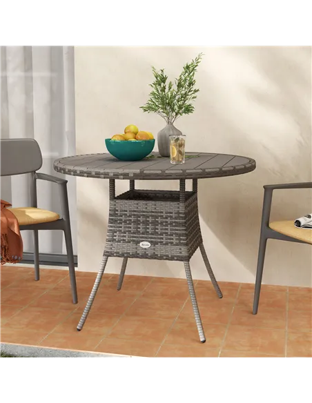 Outsunny 90cm Four-Person Wood-Effect Rattan Table - Grey