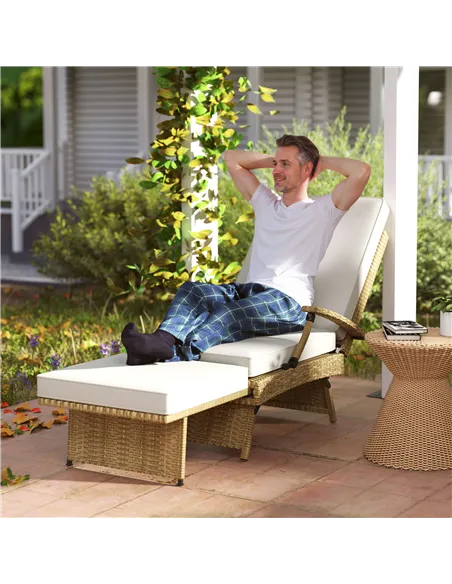Outsunny 80° Reclining Rattan Lounger - White/Beige