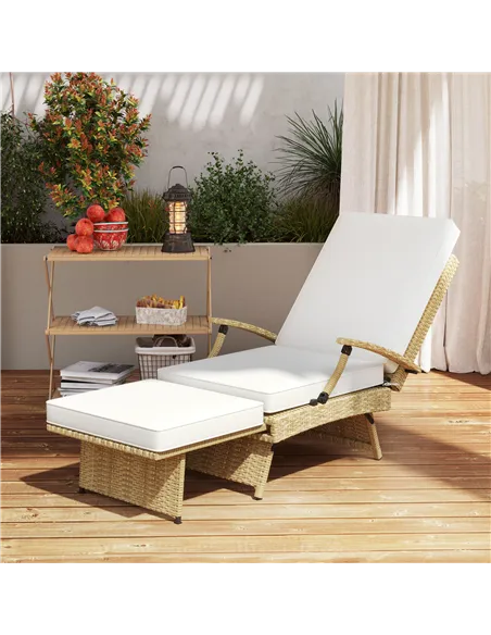 Outsunny 80° Reclining Rattan Lounger - White/Beige