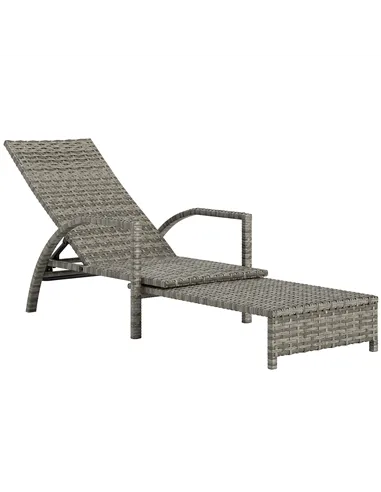 Outsunny Reclining Rattan Lounger, with Extending Footrest - Grey